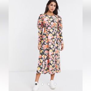 Topshop Volume Sleeve Floral Midi Dress